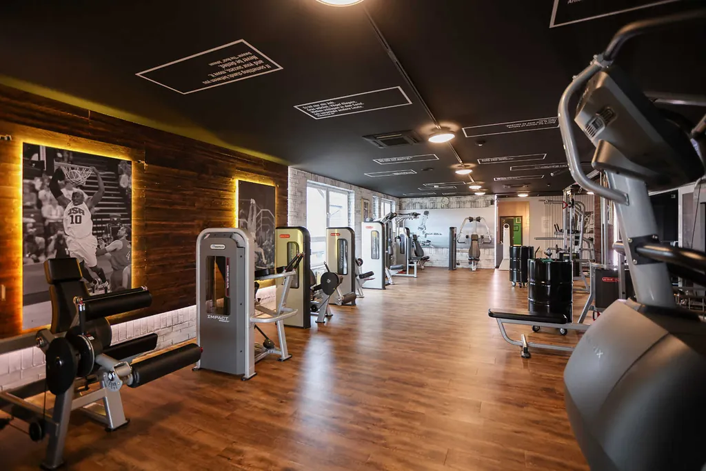Lichte Trainingshalle im effectiv mit Holzwand sowie Kraft- und Cardiogeräten.