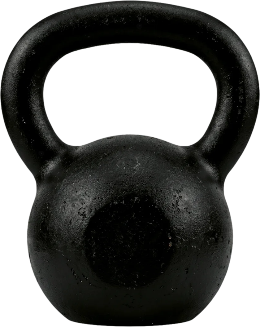 Eine schwarze Kettlebell aus Gusseisen vor dunklem Hintergrund.